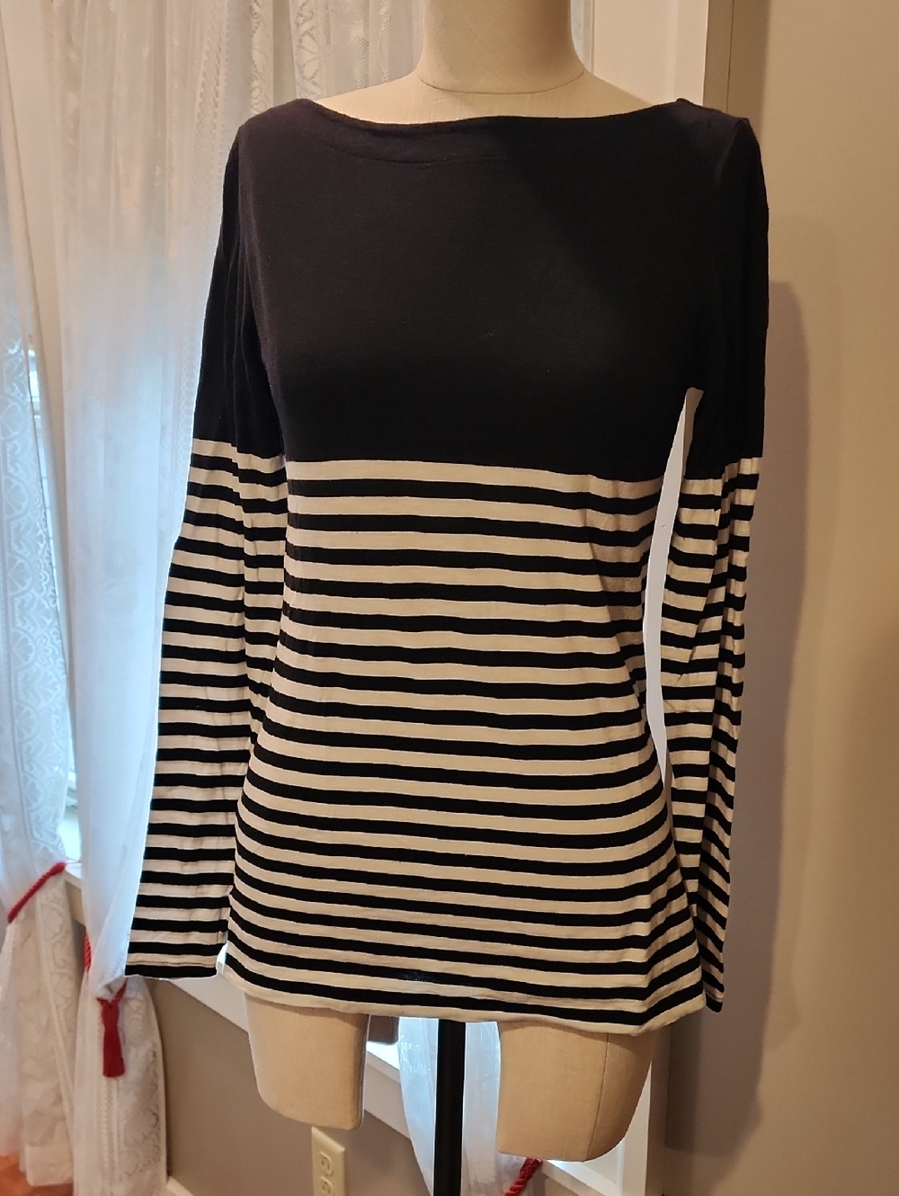 LOFT Black and White Boatneck Striped Long Sleeve Top